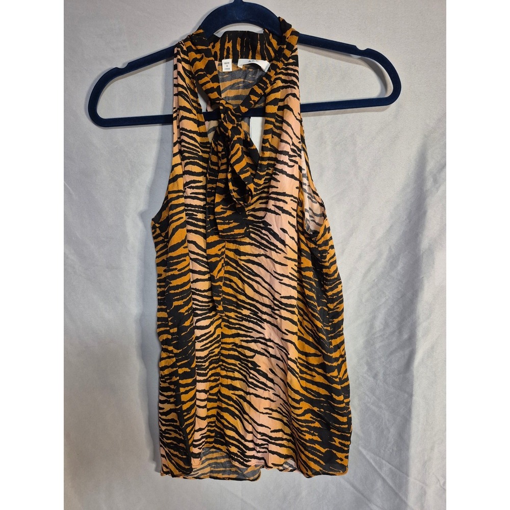 A.L.C. Women's Tie Neck Sleeveless Tiger Print Top Blouse Casual Stylish